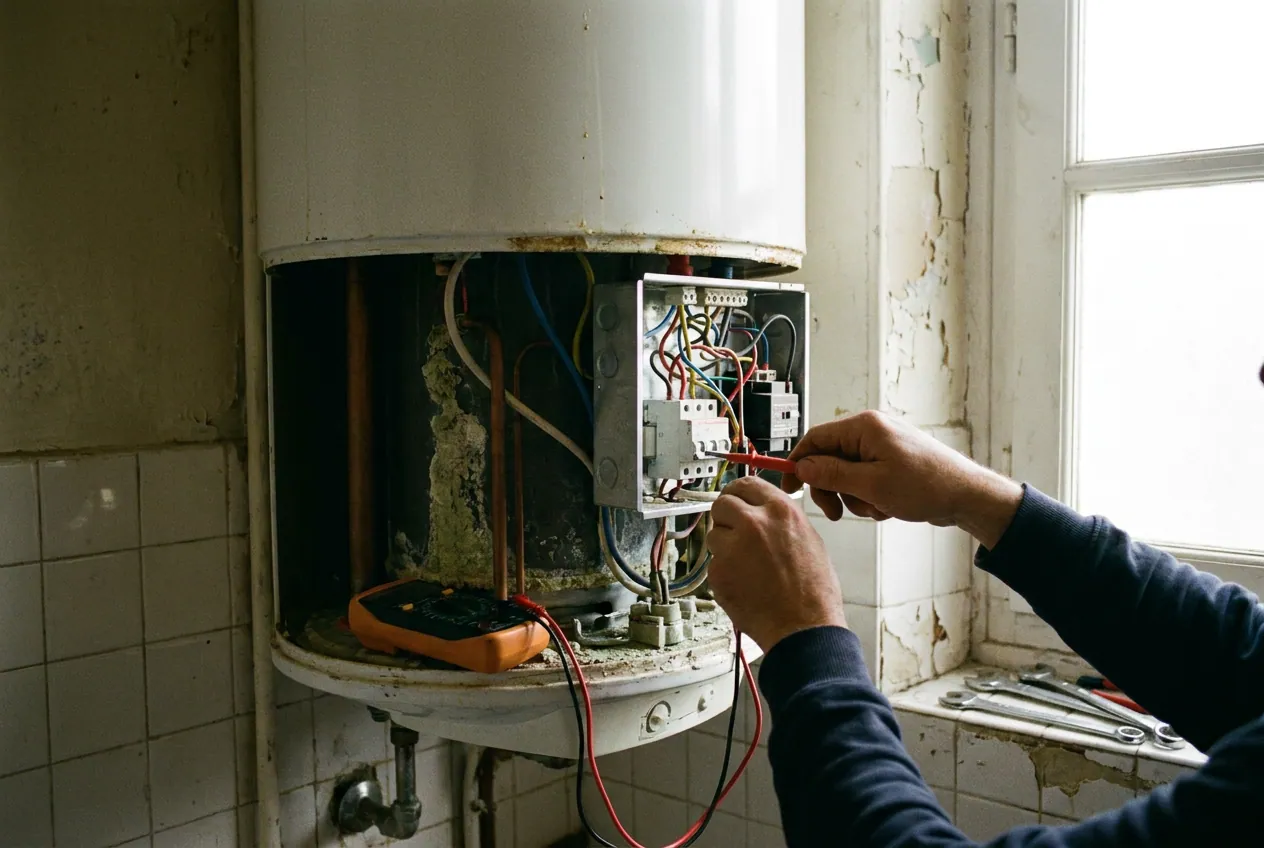 Cumulus electrique ouvert pour depannage dans une salle de bain a Fresnes