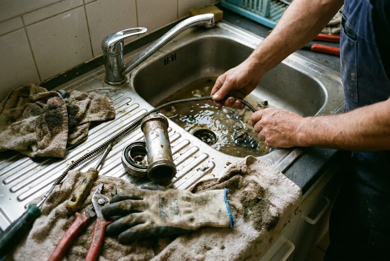 Evier bouche en cours de debouchage par un plombier a Fresnes