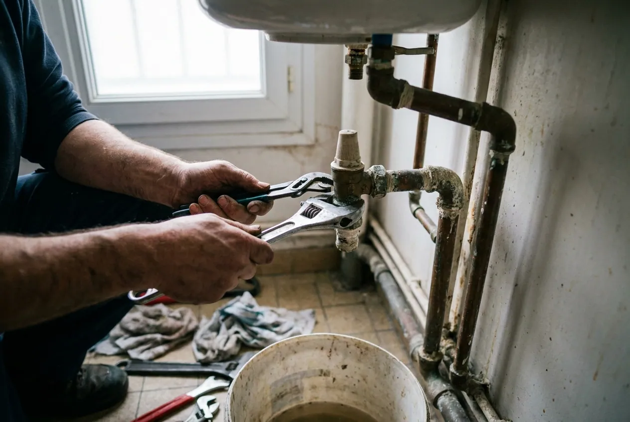 Verification du groupe de securite d'un chauffe-eau lors d'un entretien a Fresnes