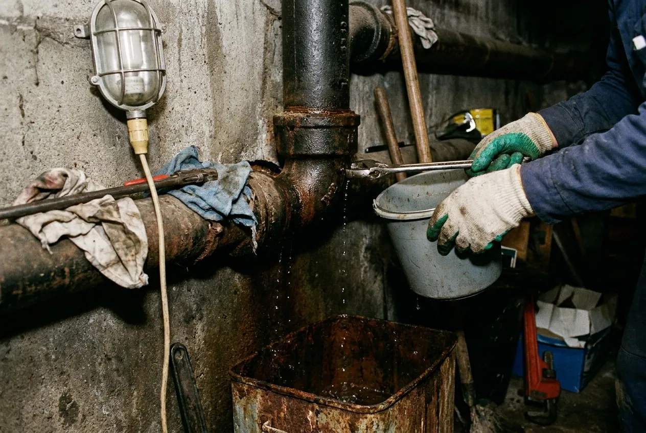 Raccord de canalisation qui goutte dans le sous-sol d'un pavillon a Fresnes